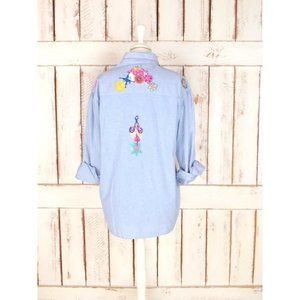 Vintage blue cotton denim ruffle button down boho shirt